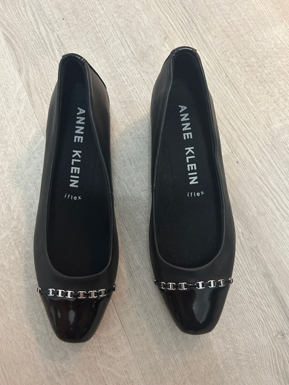 Anne Klein Black Patent-Trim Chain Ballet Flats